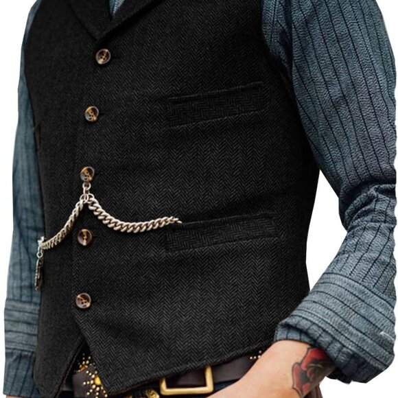 Mens Suit Vest Waistcoat Tweed Retro V Neck Wool Herringbone for Prom